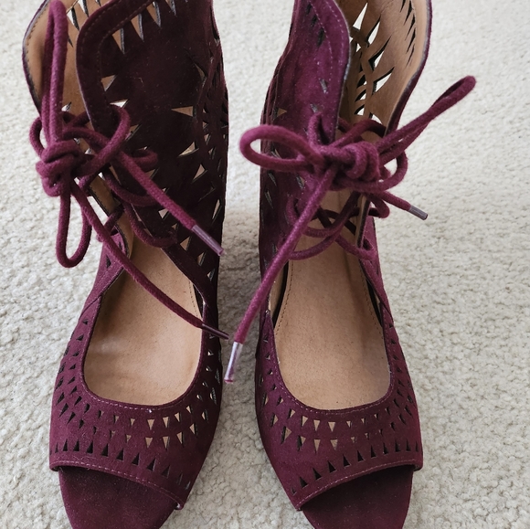 Purple high heel peep toe boho shoe lace wedge sandals - Picture 2 of 5
